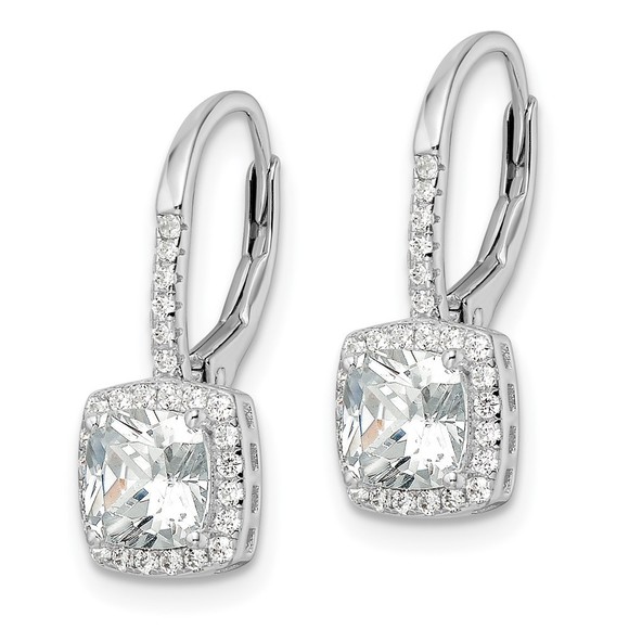 Sterling Silver RH-plated Polished Princess Cut CZ Halo Leverback Earrings - Picture 4 of 4